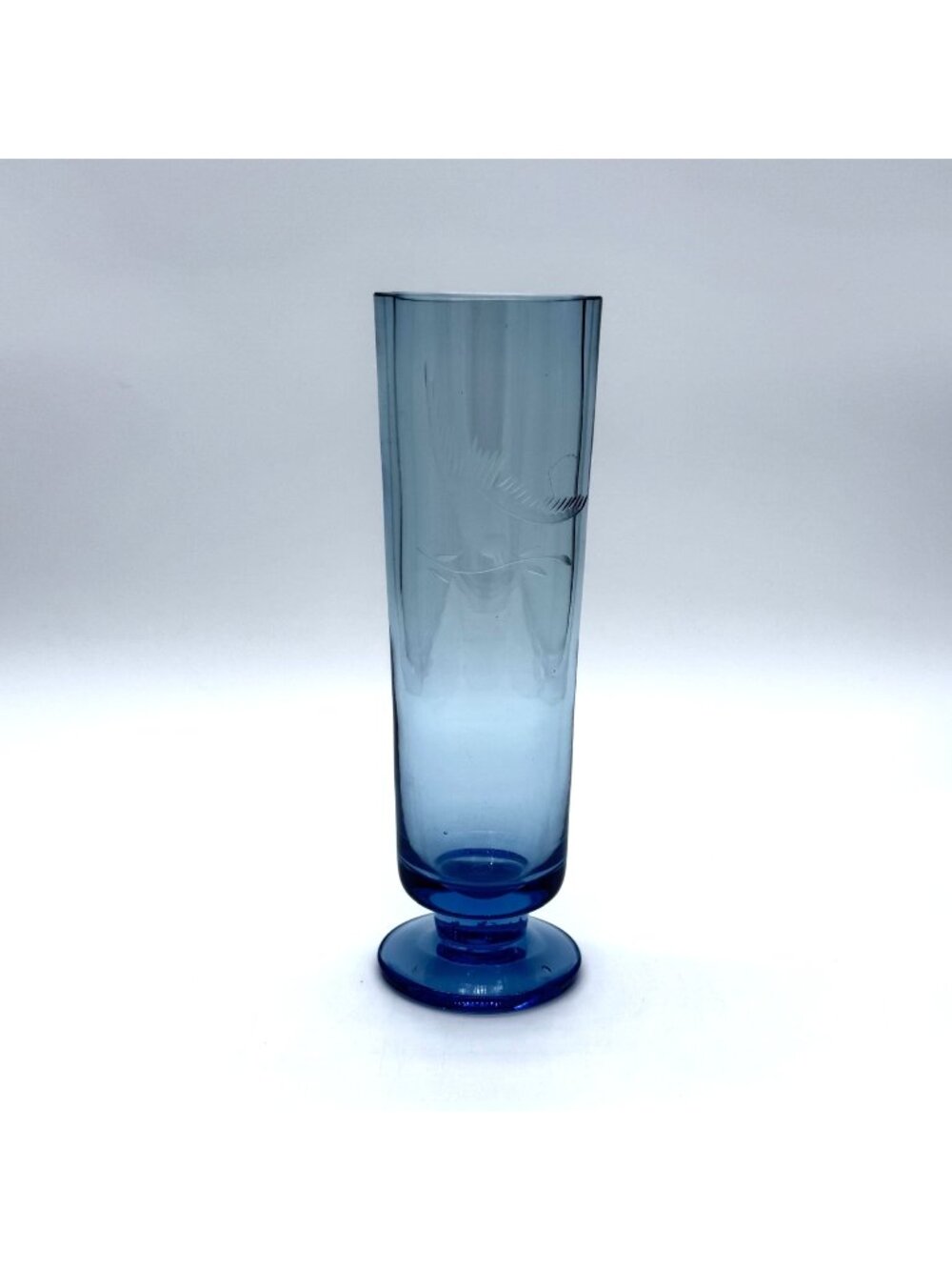 Vtg Blue Etched Glass Vase With Bird Design 9" Tall Vase